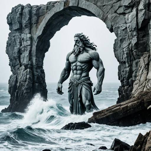 Poseidon Statue Under Granite Arch by Stormy Sea