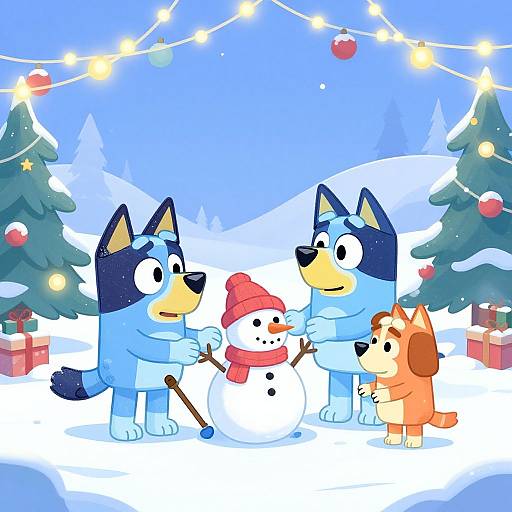 Cartoon-style image of blue and brown dogs building a snowman with a red hat, surrounded by Christmas trees, lights, and gifts.