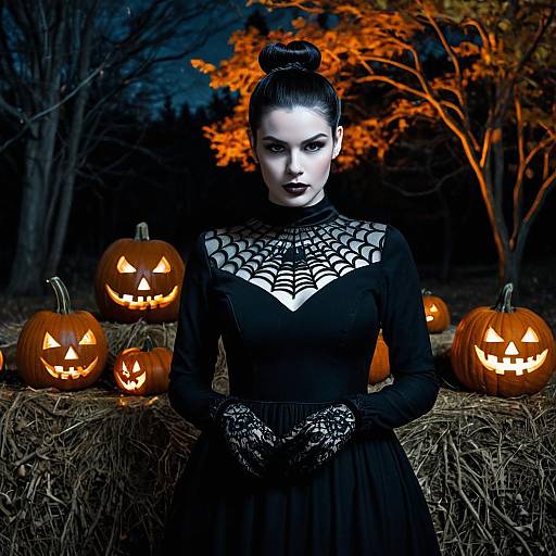Gothic Woman with Jack-o'-Lanterns on Halloween Night