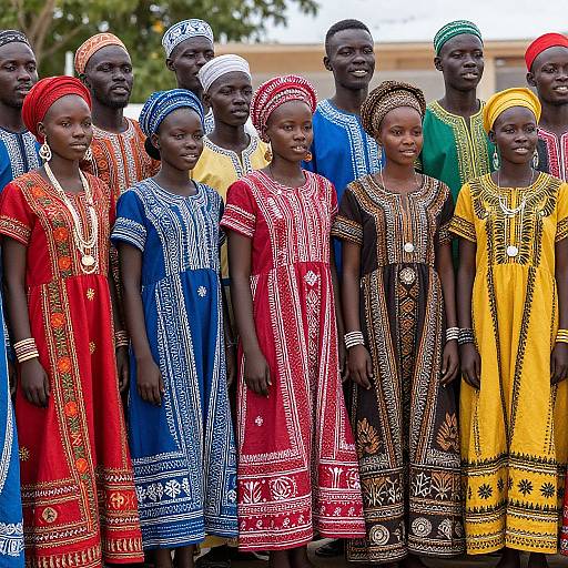 Photograph of 11 African girls standing in a row, wearing colorful, intricately patterned traditional dresses and headwraps, outdoors.