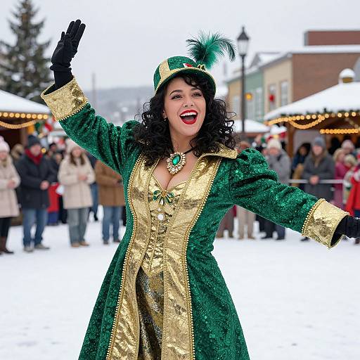 Photograph of a joyful woman in a green and gold Victorian-style costume with a feathered hat, black gloves, and necklace, waving at a snowy