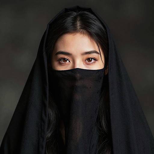Photograph of an Asian woman with long black hair, wearing a black veil that covers her lower face, exposing only her wide, expressive brown eyes,