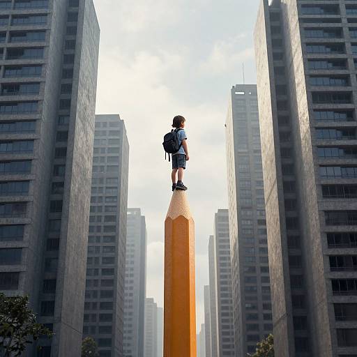 Photograph of a child with a backpack standing atop a large yellow pencil, surrounded by tall, gray skyscrapers under a bright sky.