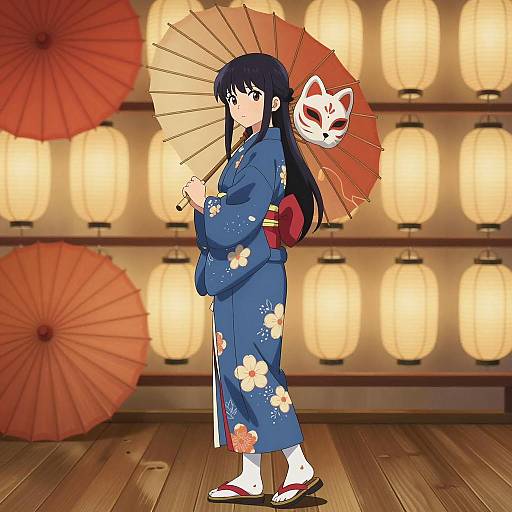 Anime Girl in Kimono with Lanterns
