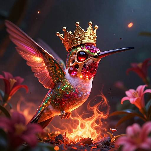 Iridescent Ruby Hummingbird Skull Art