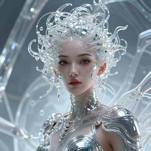 CGI digital art of a pale-skinned, ethereal woman with glowing, translucent, swirling hair and metallic, reflective shoulders, set against a futuristic