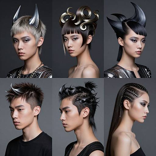 Photograph collage of six Asian models with extreme, edgy hairstyles: white horns, black curls, black spikes, and intricate braids, wearing dark