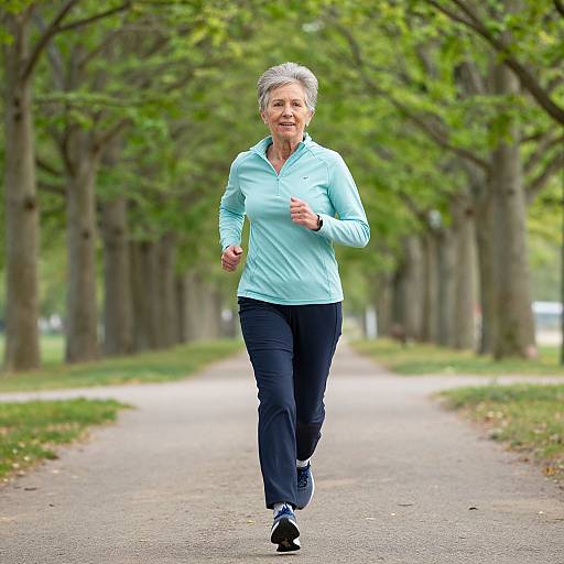 Photograph of an elderly woman with short gray hair, wearing a light blue long-sleeve shirt and black pants, jogging down a tree-lined park