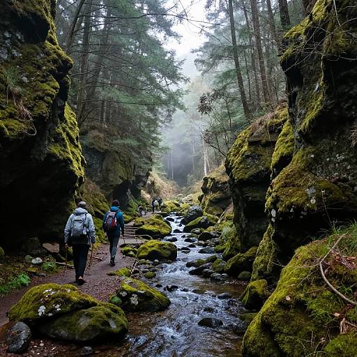 Photograph of two hikers in a misty, moss-covered forest, walking along a rocky stream with tall trees on either side.