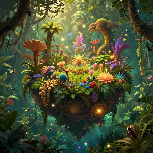 Vibrant digital fantasy artwork of a floating, ornate plant island in a lush, enchanted jungle, adorned with colorful flowers, glowing lights, and