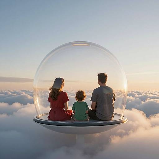 Photograph of a family—mother in red, father in gray, child in green—seated inside a transparent bubble, floating above a sea of