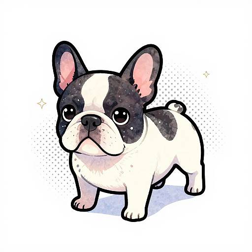 Cute digital drawing of a black-and-white French Bulldog puppy with large ears, sparkling eyes, and a small curled tail, standing on a white