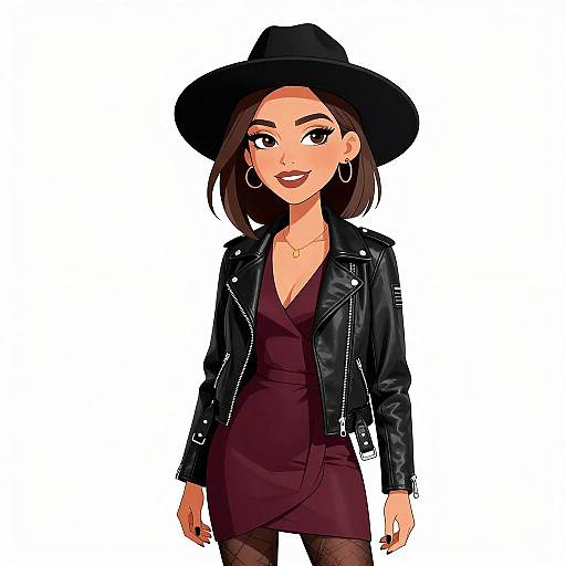 Digital anime-style drawing of a confident woman with olive skin, dark brown hair, wearing a black wide-brimmed hat, black leather jacket, deep