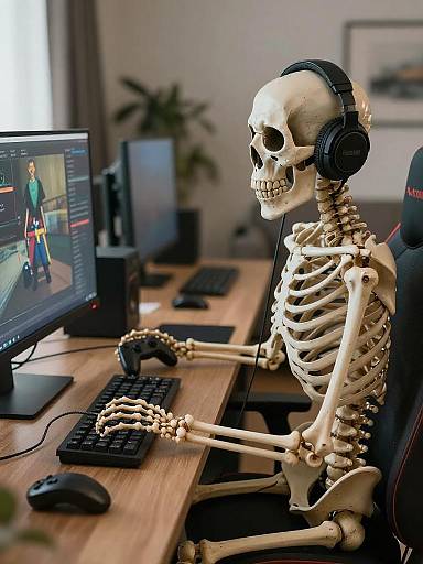 Skeleton Gaming at Computer Desk