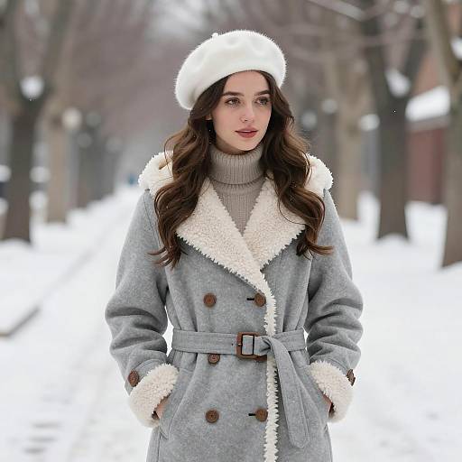 Young Woman in Winter Coat and Beret on Snowy Path