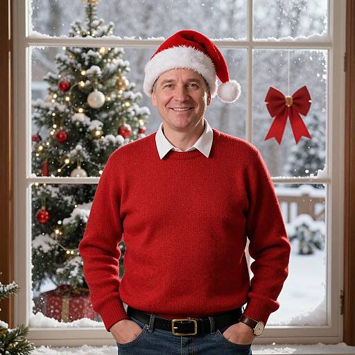 Photograph of smiling middle-aged man in red sweater, Santa hat, white collar, blue jeans, standing in snowy window with Christmas tree and red bow
