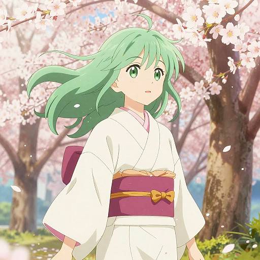 Anime-style digital drawing of a green-haired girl in a white kimono with purple obi, standing under cherry blossoms in a sunlit forest.