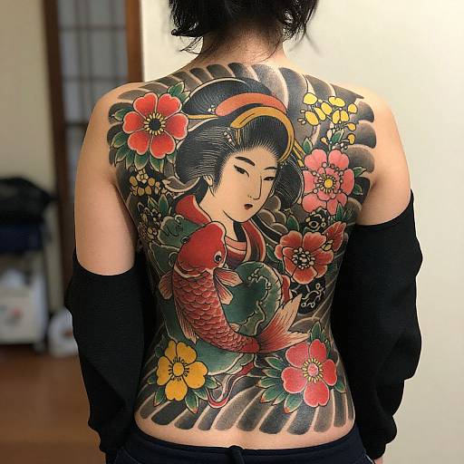 Tattooed woman with intricate Japanese-style back piece featuring geisha, red fish, and vibrant flowers, standing against softly lit room.