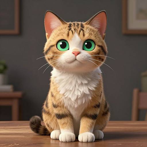 CGI image of a cute, wide-eyed, tabby kitten with green eyes, sitting on a wooden table in a softly lit room.