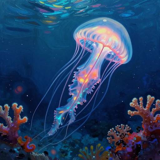 Vibrant photograph of a glowing jellyfish with translucent, flowing tentacles amidst colorful coral reefs and underwater blue hues.