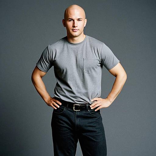 Portrait of Bald Man in Grey T-Shirt