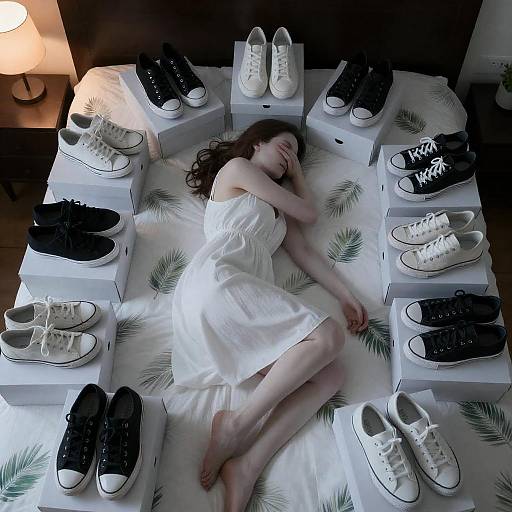 Pale Woman with Sneakers in Dim Room