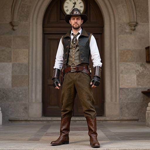 Photograph of a bearded man in Victorian-era cowboy attire, black vest, white shirt, brown pants, boots, and hat, standing in front