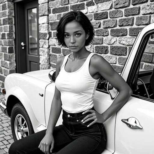 Woman leaning on classic car