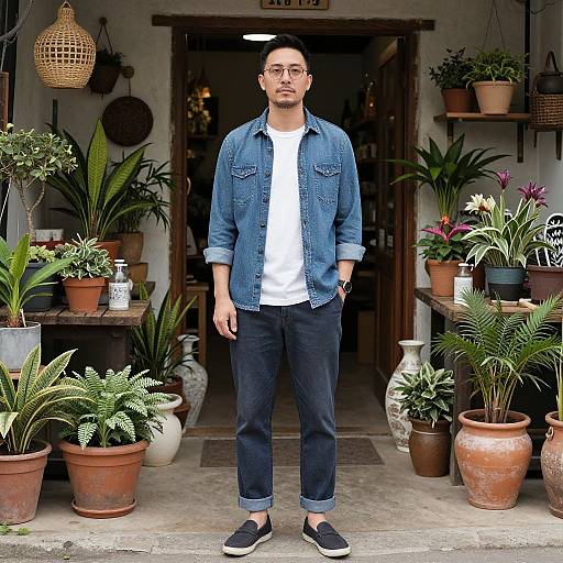 Photograph of a young man with short hair, glasses, denim shirt, white tee, dark pants, black shoes, standing in a potted plant