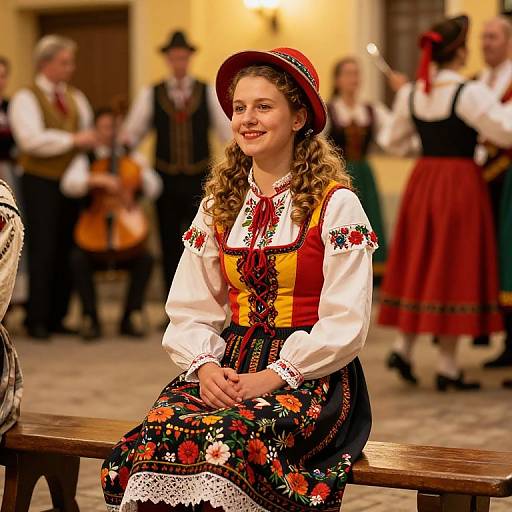 Photograph of a smiling young woman with curly brown hair, wearing a traditional German dress with floral patterns, red hat, and white blouse, seated on