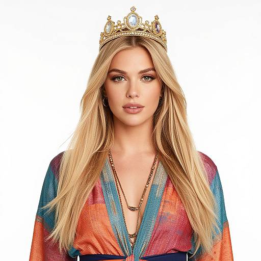 Blonde Woman in Colorful Crowned Outfit