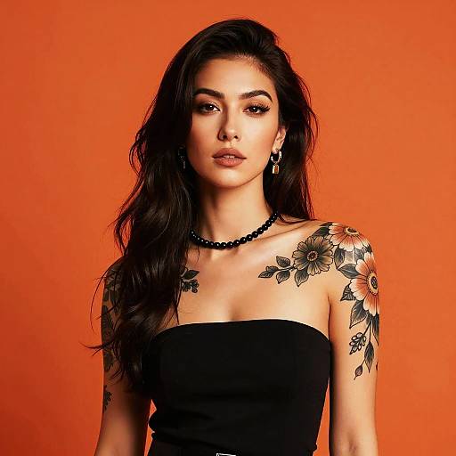 Confident woman with floral tattoos on orange background