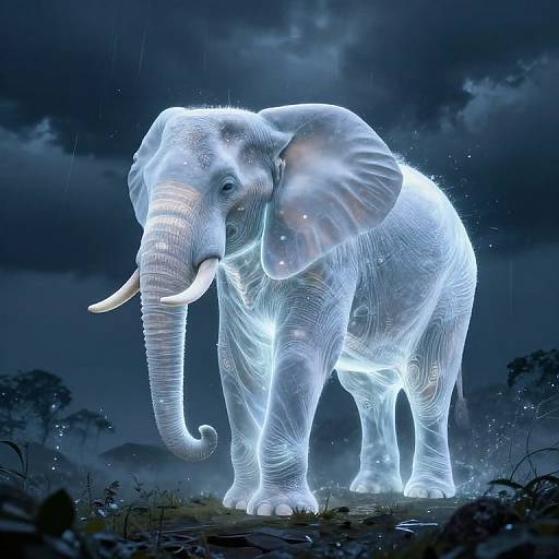 Digital artwork of a glowing, translucent elephant with white, luminescent skin, large ears, and curved tusks, standing in a dark, rainy