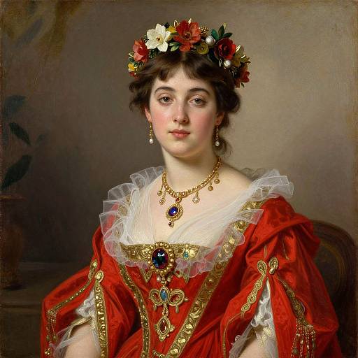 Portrait of a young woman in a red, gold-embellished dress with white lace, adorned with floral crown, blue gemstone necklace, and