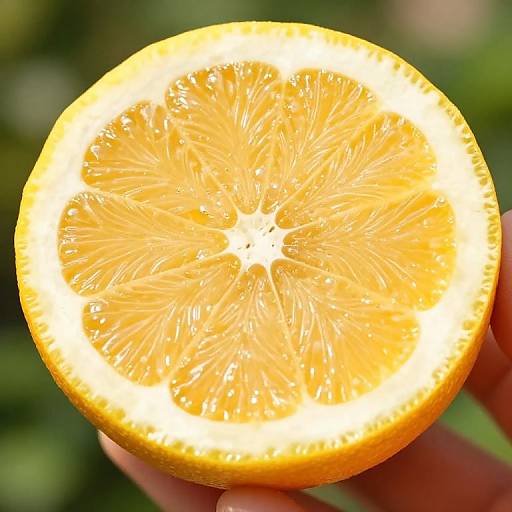 Photograph of a bright orange, juicy, fresh lemon slice held by a hand, with a green blurred background.