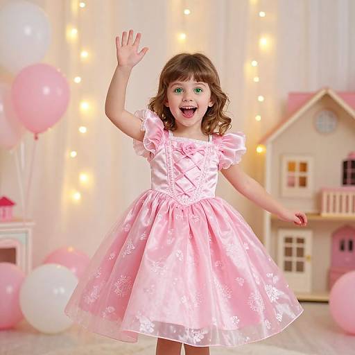 Photograph of a joyful, brown-haired toddler girl in a pink, floral-patterned dress, waving with a bright smile, surrounded by balloons and fairy
