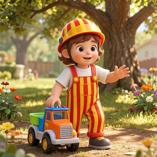CGI image of a smiling child in red and yellow striped overalls and yellow helmet, playing with colorful toy truck in sunny garden.
