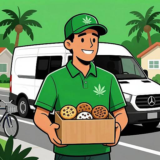 Cartoon-style illustration of a smiling delivery man in a green uniform and cap, holding a box of cookies, standing in front of a white van and