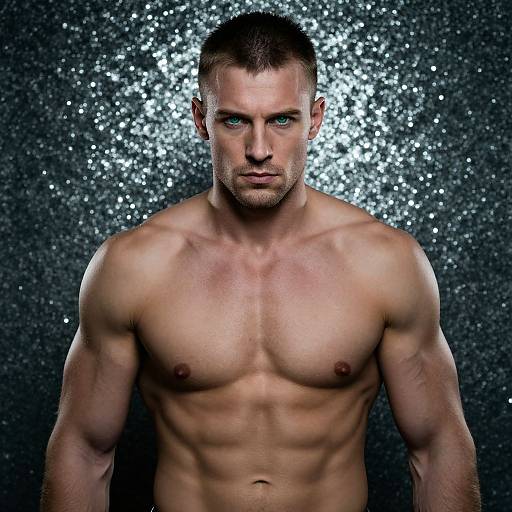 Photograph of a muscular, shirtless, fair-skinned man with short brown hair and blue eyes, standing against a sparkling black background.