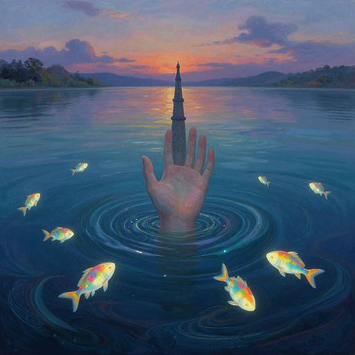 Digital art: A hand emerges from a blue lake at sunset, surrounded by glowing fish, with a spire reflected in the water.