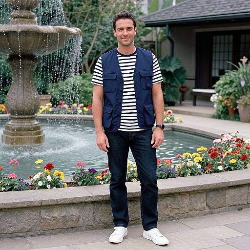 Photograph of a smiling man with short dark hair, wearing a black vest over a black-and-white striped shirt, black pants, and white sneakers,