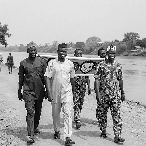 Joyful African Men on River Path