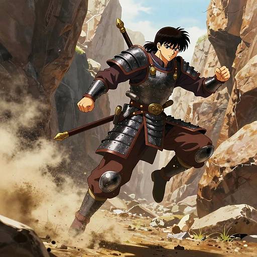 Anime-style digital illustration of a muscular, black-haired warrior in metal armor, leaping through a dusty, rocky canyon with a sheathed sword on his