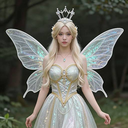 Photorealistic CGI of a fair-skinned, blonde fairy with transparent wings, wearing a sparkling white gown, gold accents, and a silver crown,