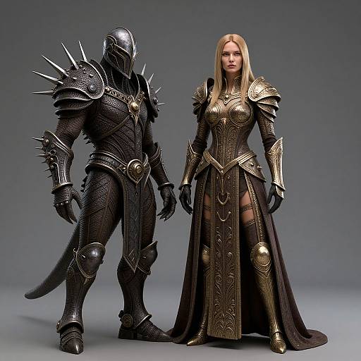 Photorealistic CGI of a muscular, armored warrior with a spiked helmet and a tall, blonde, armored woman with a revealing gown, standing side by