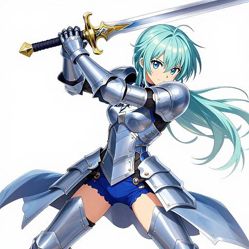 Digital anime-style drawing of a blue-haired, blue-eyed female warrior in silver armor, holding a golden-hilted sword, wearing blue shorts, with