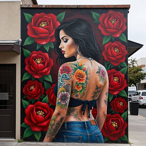 Tattooed woman with black hair, back to camera, in a bikini top and jeans, stands before a vibrant red rose mural. Street and