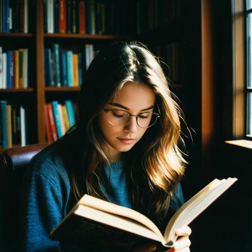Young Woman Reading in Sunlit Library