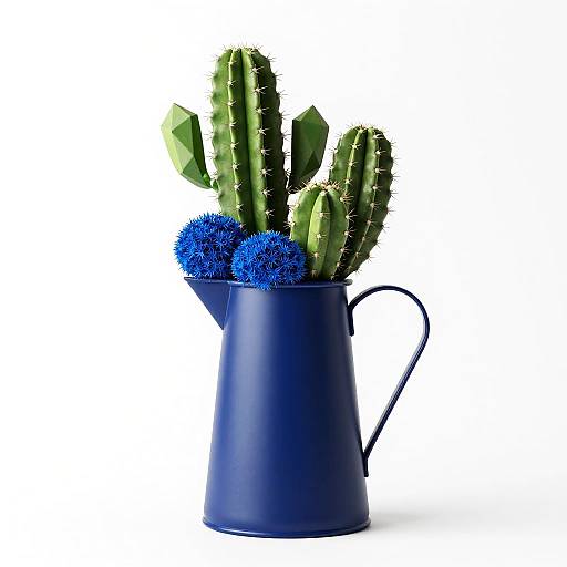 Matte Navy Blue Pitcher with Cacti and Blue Moss