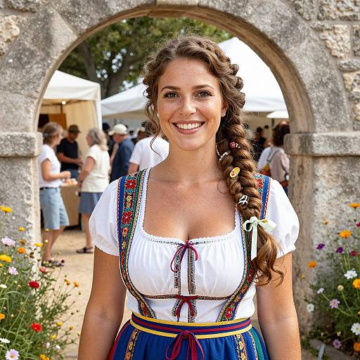 Smiling woman with braided brown hair, white blouse, and blue dirndl with colorful embroidery, stands in front of a stone archway, surrounded